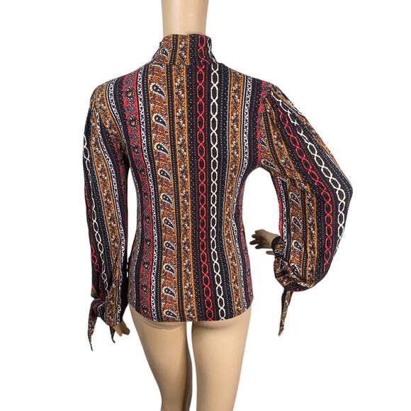 Free People Donatella Turtleneck Paisley Retro Stripe Boho Tied Sleeve Top SZ M - Picture 9 of 11